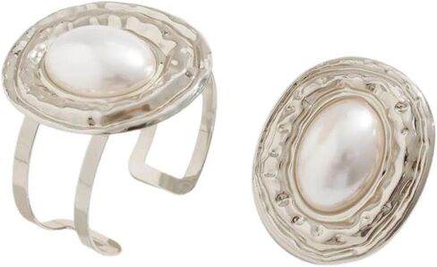 Chunky Oval Pearl Ring Bracelet Set for Women,Vintage Geometric Circular Texture Statement Knuckle Ring,Personalized Trendy Jewelry Accessories Gifts in Saudi Arabia
