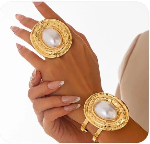 Chunky Oval Pearl Ring Bracelet Set for Women,Vintage Geometric Circular Texture Statement Knuckle Ring,Personalized Trendy Jewelry Accessories Gifts in Saudi Arabia