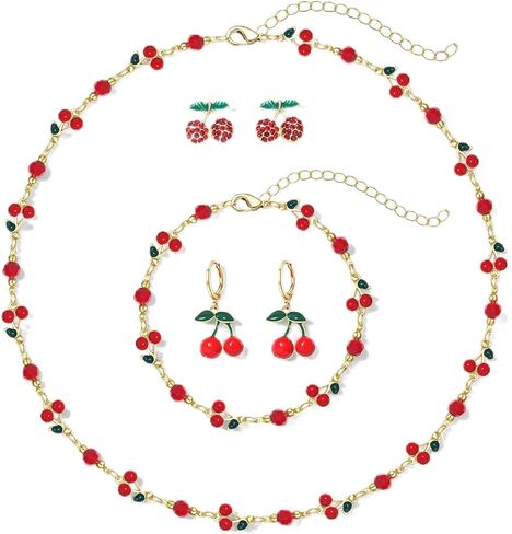 YAHPERN Cherry Necklace Bracelet Earrings for Women Summer Fruit Jewelry Set Cherry Accessories Summer Beach Outfit Party Favors Gifts in Saudi Arabia