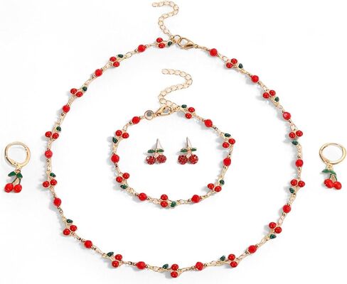 YAHPERN Cherry Necklace Bracelet Earrings for Women Summer Fruit Jewelry Set Cherry Accessories Summer Beach Outfit Party Favors Gifts in Saudi Arabia