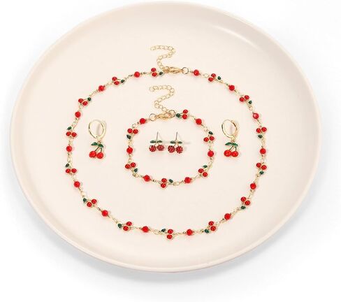YAHPERN Cherry Necklace Bracelet Earrings for Women Summer Fruit Jewelry Set Cherry Accessories Summer Beach Outfit Party Favors Gifts in Saudi Arabia