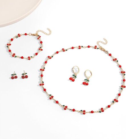 YAHPERN Cherry Necklace Bracelet Earrings for Women Summer Fruit Jewelry Set Cherry Accessories Summer Beach Outfit Party Favors Gifts in Saudi Arabia