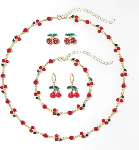 YAHPERN Cherry Necklace Bracelet Earrings for Women Summer Fruit Jewelry Set Cherry Accessories Summer Beach Outfit Party Favors Gifts in Saudi Arabia