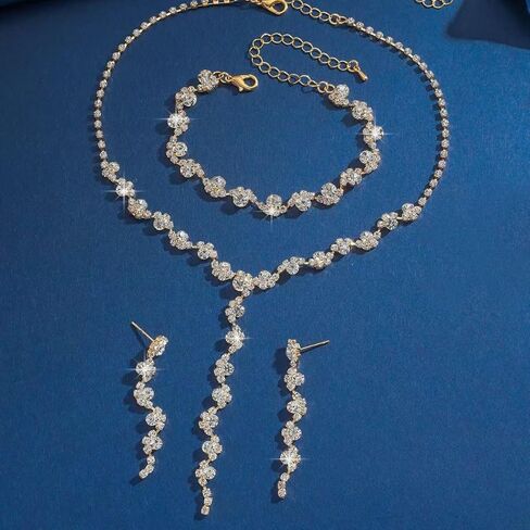 Rhinestone Jewelry Set for Women Elegant Sparkly Rhinestone Necklace Earrings Bracelet Crystal Bridal Wedding Prom Party Jewelry Set in Saudi Arabia