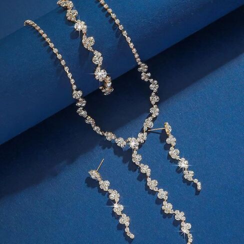 Rhinestone Jewelry Set for Women Elegant Sparkly Rhinestone Necklace Earrings Bracelet Crystal Bridal Wedding Prom Party Jewelry Set in Saudi Arabia