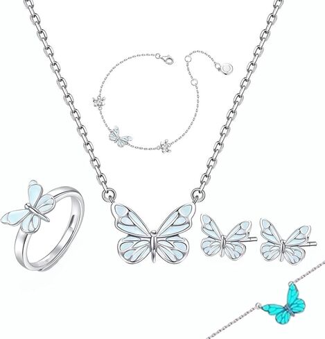 Blue Luminous Butterfly Pendant Jewelry Set, Dainty Cute Butterfly Choker Necklace Bracelet, Elegant Jewelry Gift for Women in Saudi Arabia