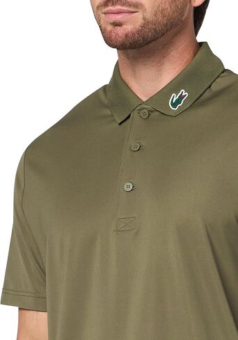 قميص بولو جولف رجالي من Lacoste بمقاس عادي وياقة حماية من الأشعة فوق البنفسجية وشعار جولف، زيتوني، مقاس متوسط in Saudi Arabia