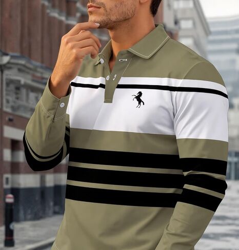 Men's Polo Shirts Golf Long Sleeve Collared Shirt Striped Performance Dry Fit, S-2XL in Saudi Arabia