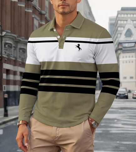 Men's Polo Shirts Golf Long Sleeve Collared Shirt Striped Performance Dry Fit, S-2XL in Saudi Arabia