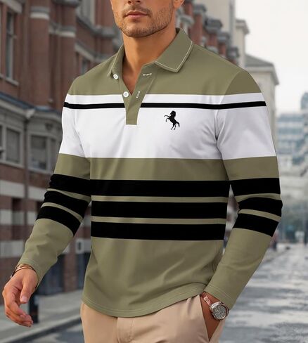 Men's Polo Shirts Golf Long Sleeve Collared Shirt Striped Performance Dry Fit, S-2XL in Saudi Arabia