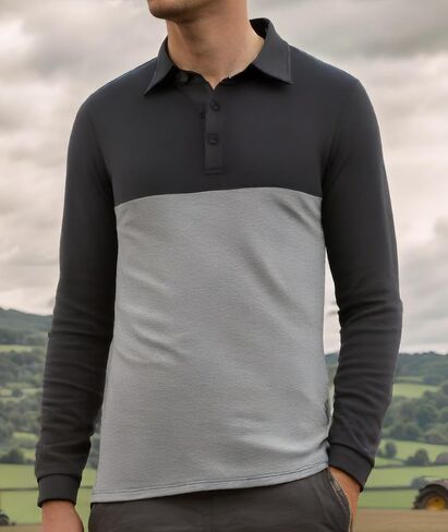 Men's Long Sleeve Polo Shirt with Color - Block Design,Casual Outdoor Sports Tennis Shirt in Saudi Arabia