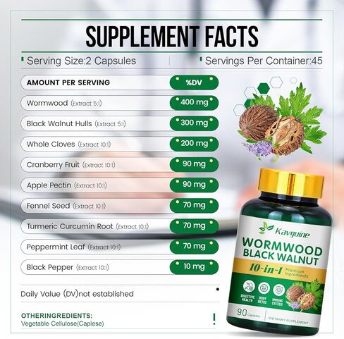 10 in 1 Wormwood Capsules - 90 Capsules Supplement, Black Walnut Hulls, Cloves, Black Pepper, Turmeric Curcumin Root, Peppermint Leaf, Supports Cut Health & Digestive Balance in Saudi Arabia