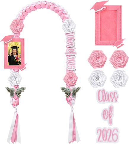Zeyune Graduation Lei Necklace Class of 2025 Double Loved Necklace & Photo Frame Flower Ribbon Money Lei بالنسبة له (أزرق وأبيض) in Saudi Arabia
