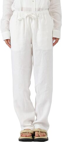 Women 100% Linen Pants with Drawstring Work Pants with Elastic Waist Relaxed Fit Casual Trousers for Women with Pockets in Saudi Arabia
