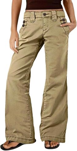 Flamingals Straight Leg Mid Waist Solid Buttoned Pocket Casual Pants for Women in Kuwait