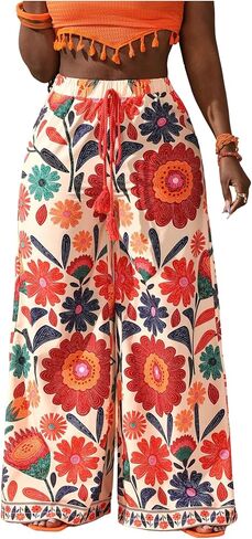 GORGLITTER Women's Plus Size Floral Printed Pants Dressy High Waist Wide Leg Beach Vacation Palazzo Loose Pants Trouser in Saudi Arabia
