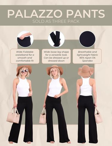 Popana 3 Pack Wide Leg Palazzo Lounge Pants for Women – Flowy Bootcut Casual Pants for Everyday Comfort in Kuwait