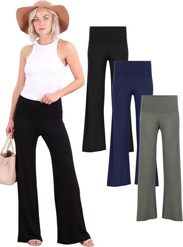 Popana 3 Pack Wide Leg Palazzo Lounge Pants for Women – Flowy Bootcut Casual Pants for Everyday Comfort in Kuwait
