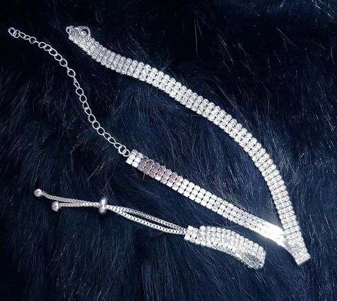 Rhinestone Choker Necklaces Set Silver Sparkly Diamond Choker Tennis Bracelet Necklace Set for Women in Saudi Arabia