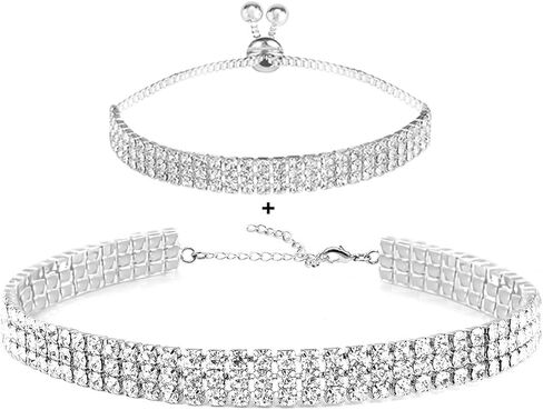 Rhinestone Choker Necklaces Set Silver Sparkly Diamond Choker Tennis Bracelet Necklace Set for Women in Saudi Arabia