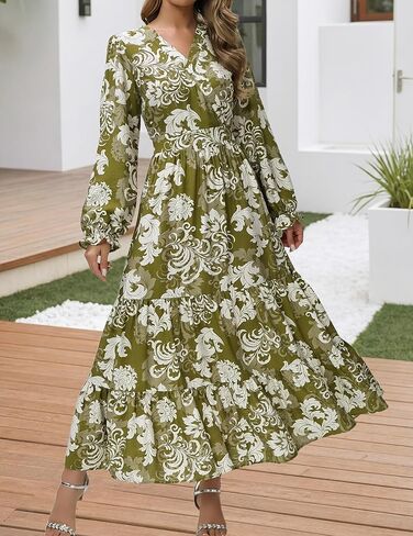 Womens Spring Boho Floral Maxi Dress Flowy Casual V Neck Long Sleeve Wedding Guest Holiday Beach Long Dress Green M in Saudi Arabia