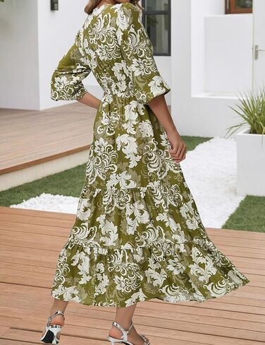 Womens Spring Boho Floral Maxi Dress Flowy Casual V Neck Long Sleeve Wedding Guest Holiday Beach Long Dress Green M in Saudi Arabia