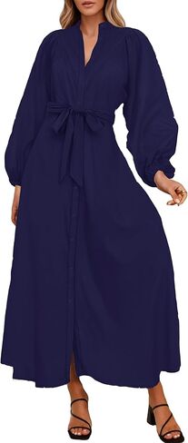 Lazysmile Maxi Dresses for Women 2025 Casual Long Sleeve Button Down Belted Boho Floral Shirt Dress with Pockets in Saudi Arabia