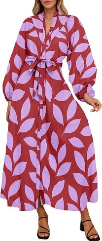 Lazysmile Maxi Dresses for Women 2025 Casual Long Sleeve Button Down Belted Boho Floral Shirt Dress with Pockets in Saudi Arabia