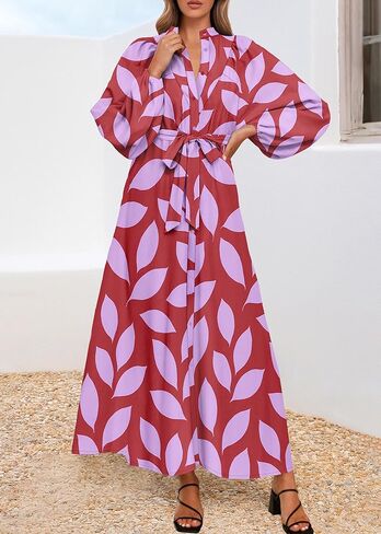Lazysmile Maxi Dresses for Women 2025 Casual Long Sleeve Button Down Belted Boho Floral Shirt Dress with Pockets in Saudi Arabia