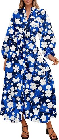Lazysmile Maxi Dresses for Women 2025 Casual Long Sleeve Button Down Belted Boho Floral Shirt Dress with Pockets in Saudi Arabia