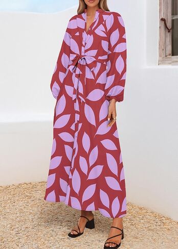 Lazysmile Maxi Dresses for Women 2025 Casual Long Sleeve Button Down Belted Boho Floral Shirt Dress with Pockets in Saudi Arabia