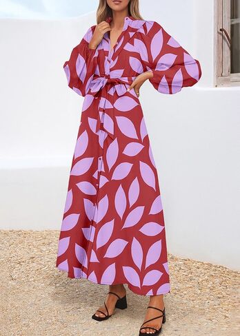 Lazysmile Maxi Dresses for Women 2025 Casual Long Sleeve Button Down Belted Boho Floral Shirt Dress with Pockets in Saudi Arabia