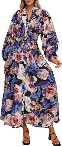 Lazysmile Maxi Dresses for Women 2025 Casual Long Sleeve Button Down Belted Boho Floral Shirt Dress with Pockets in Saudi Arabia