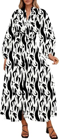 Lazysmile Maxi Dresses for Women 2025 Casual Long Sleeve Button Down Belted Boho Floral Shirt Dress with Pockets in Saudi Arabia