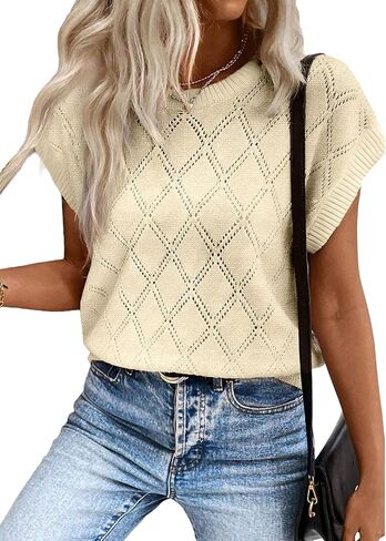 SHEWIN Womens Summer Tops Casual Crewneck Short Sleeve Shirts Cable Knit Lightweight Loose Pullover Sweater in Kuwait