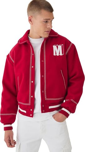 Boxy Stitch Detail Melton Varsity Jacket In Red in Saudi Arabia