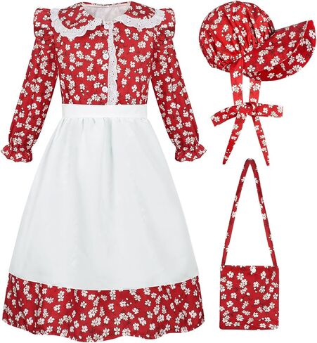 COTRIO Pioneer Dresses for Girls Colonial Costume Prairie Dress Floral Pioneer Costumes with Apron & Bonnet Halloween Outfits in Saudi Arabia