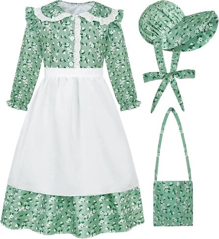 COTRIO Pioneer Dresses for Girls Colonial Costume Prairie Dress Floral Pioneer Costumes with Apron & Bonnet Halloween Outfits in Saudi Arabia