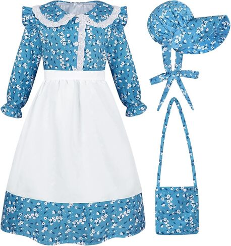 COTRIO Pioneer Dresses for Girls Colonial Costume Prairie Dress Floral Pioneer Costumes with Apron & Bonnet Halloween Outfits in Saudi Arabia