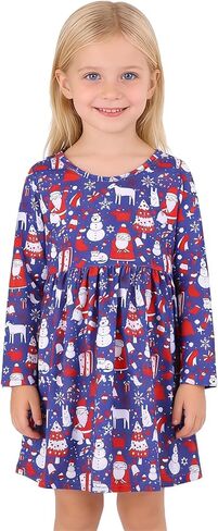 Christmas Toddler Girls Dress Santa Claus Snowman Print Dresses Red Long Sleeve 2-8Y in Kuwait