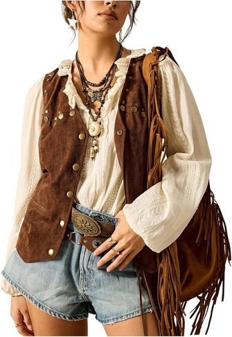 WDIRARA Women's Western Rivet Vests V Neck Button Down Sleeveless Jacket Cowgirl Waistcoat in Saudi Arabia