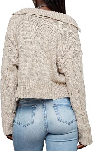 Women's V Neck Cable Pullover Sweaters Casual Long Sleeve Cropped Knitted Tops in Saudi Arabia