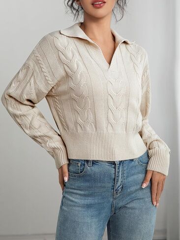 Women's V Neck Cable Pullover Sweaters Casual Long Sleeve Cropped Knitted Tops in Saudi Arabia
