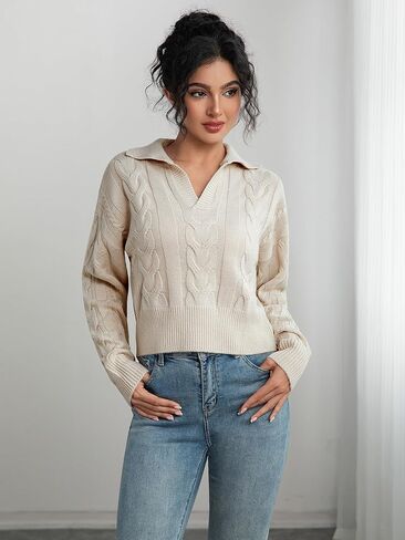 Women's V Neck Cable Pullover Sweaters Casual Long Sleeve Cropped Knitted Tops in Saudi Arabia