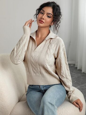 Women's V Neck Cable Pullover Sweaters Casual Long Sleeve Cropped Knitted Tops in Saudi Arabia