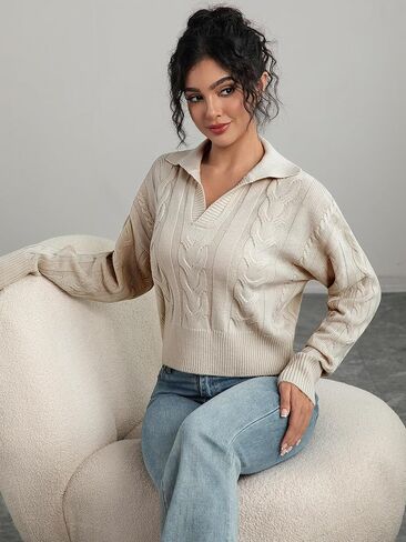 Women's V Neck Cable Pullover Sweaters Casual Long Sleeve Cropped Knitted Tops in Saudi Arabia