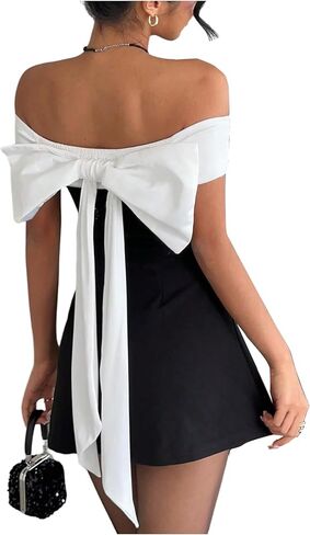 SOLY HUX Women's Bow Wedding Guest Dress Off The Shoulder Short Sleeve A Line Flared Cocktail Party Mini Dresses in Saudi Arabia