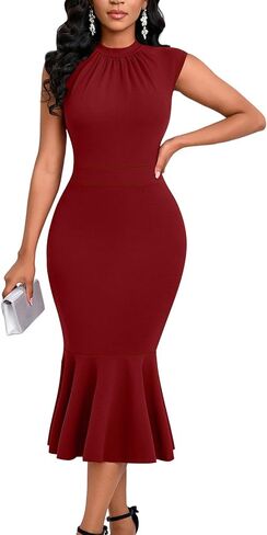 Elegant Dress for Women Bodycon Mock Neck Sleeveless Church Wedding Cocktail Party Midi Classic Mermaid Hem Dresses in Saudi Arabia