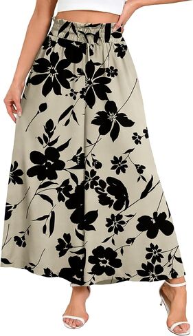 بنطال WeciBor نسائي بوهو زهري بالازو واسع الساق مع جيوب ملابس فضفاضة غير رسمية لقضاء إجازة الشاطئ in Kuwait