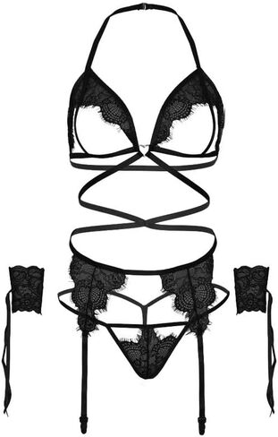 Leg Avenue 81653-00222 4 Pc Eyelash Lace Cage Strap Open Cup Bra With Heart Ring Accent, Garter Belt, G-String Panty, And Wrist Cuffs, O/S, White in Kuwait